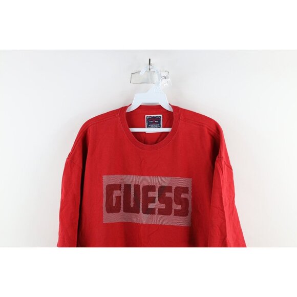 Vintage 90s Guess Mens 2XL Distressed Spell Out Box Logo Trippy T-Shirt Red - Picture 2 of 11